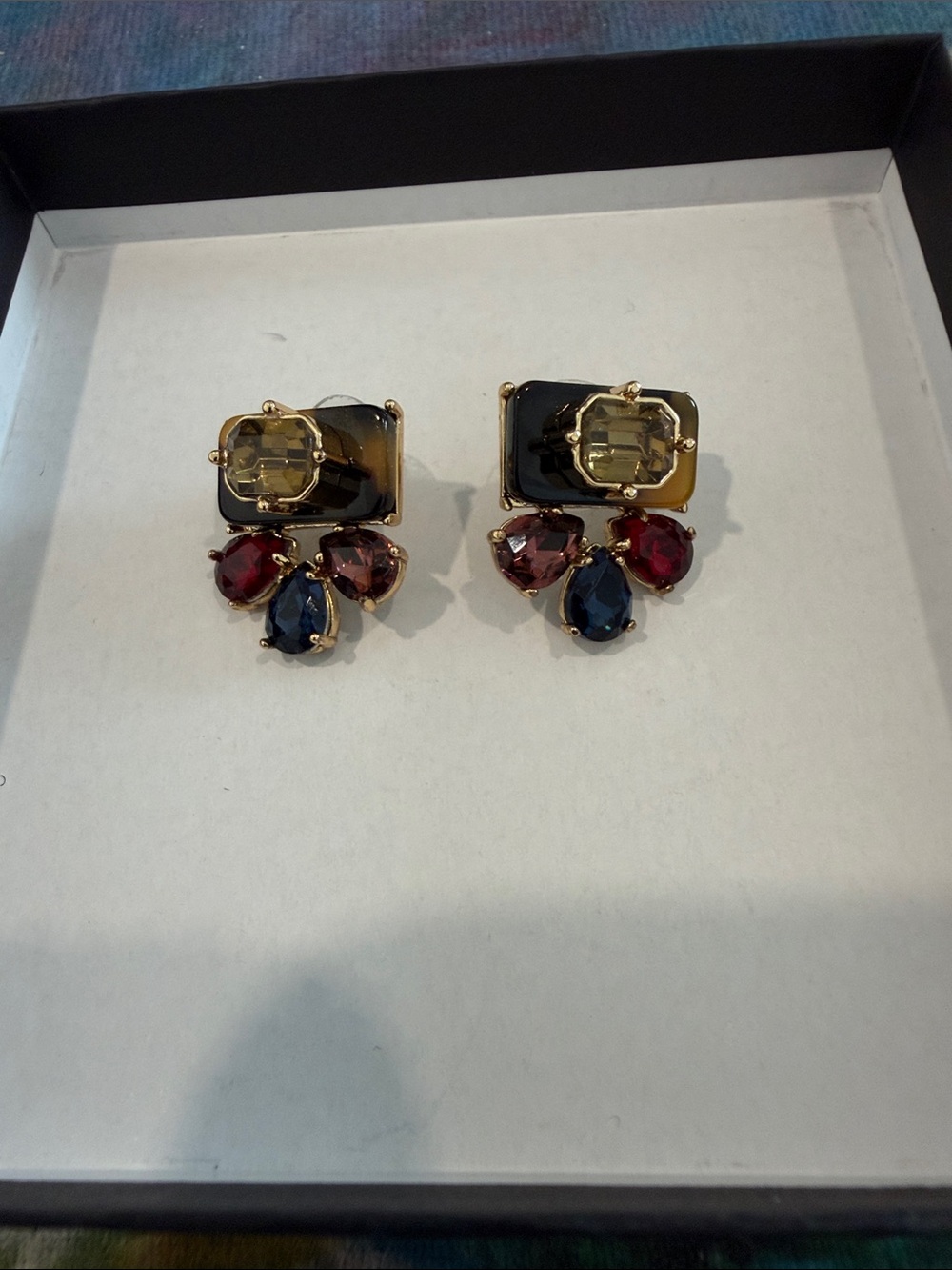 new TALBOTS Gold-Tone Multi Gem Drop Earrings in Black, Red, Blue crystals